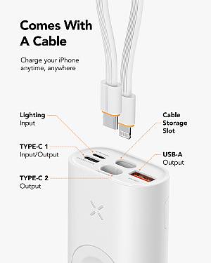 VEGER W1162S MagFan portable battery - 10000 mAh, built-in cable and for charging Apple Watch and all QI devices, white