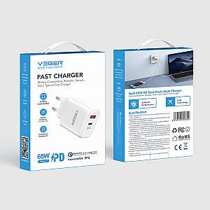 Veger TC650 - Φορτιστής Χωρίς Καλώδιο με Θύρα USB-A και Θύρα USB-C 65W Power Delivery / Quick Charge 3.0 Λευκός