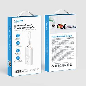 VEGER W1162S MagFan portable battery - 10000 mAh, built-in cable and for charging Apple Watch and all QI devices, white