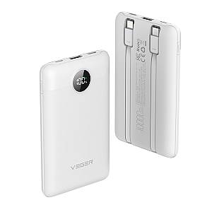 Veger C11C - 10,000mAh 22.5W PD Digital Display Light Weight Powerbank With Built In Non-MFI Lightning & USB-C Cable Λευκό