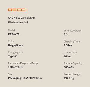 RECCI REP-W79 - ANC Noise Cancellation Wireless Headset - Black