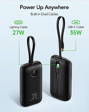 Veger K1 - 10,000mAh 35W PD Digital Display Powerbank With Built In Non-MFI Lightning & USB-C Cable