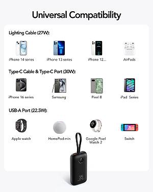 Veger K1 - 10,000mAh 35W PD Digital Display Powerbank With Built In Non-MFI Lightning & USB-C Cable