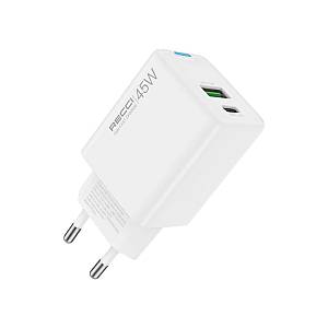 Recci RC108E Gan PD45W  Fast Charger With Type-C To Type-C Cable - White