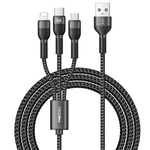 Recci RTC-T12 3 in 1 Fast Charging Cable 66W (Lightning, Type-C, Micro) 120cm – Black