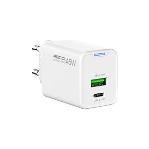 Recci RC108E Gan PD45W  Fast Charger With Type-C To Type-C Cable - White