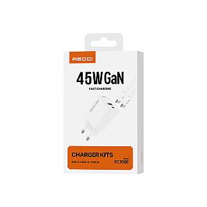 Recci RC108E Gan PD45W  Fast Charger With Type-C To Type-C Cable - White