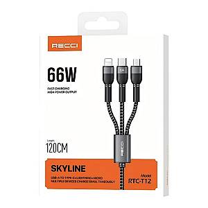 Recci RTC-T12 3 in 1 Fast Charging Cable 66W (Lightning, Type-C, Micro) 120cm – Black