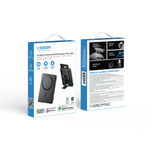 Veger X5 - 6-IN-1 | Apple-certified Find My | Wireless Powerbank | 5000mAh Fast Charging | Magnetic Wallet | 0-90° Adjustable Stand | Iconic Style Μαύρο