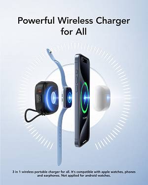 Veger W1185 - PD20W MagCore 3in1 - 10,000mAh Wireless Charging Powerbank for Apple iPhone, Watch & AirPods - Black