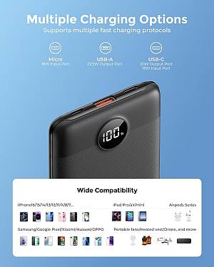 Veektomx VT103 - Power Bank 22.5W  10000mAh 38.5Wh USB C Portable Charger with PD QC 3.0 Fast Charging - Black