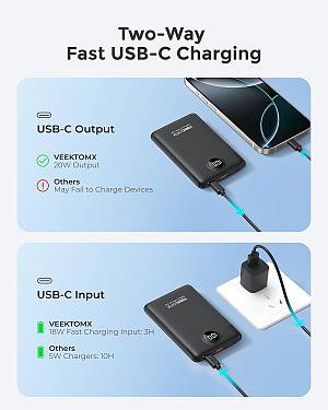 Veektomx VT103 - Power Bank 22.5W  10000mAh 38.5Wh USB C Portable Charger with PD QC 3.0 Fast Charging - Black