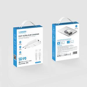 VEGER TR122 65W Fast Ultra-Slim GaN Charger - Dual Port USB-C PD 3.0 & USB-A QC 3.0, Flat Travel Wall Adapter with 1.2m PD100W Cable for MacBook Pro/Air, iPad, iPhone 16/15, Samsung Galaxy