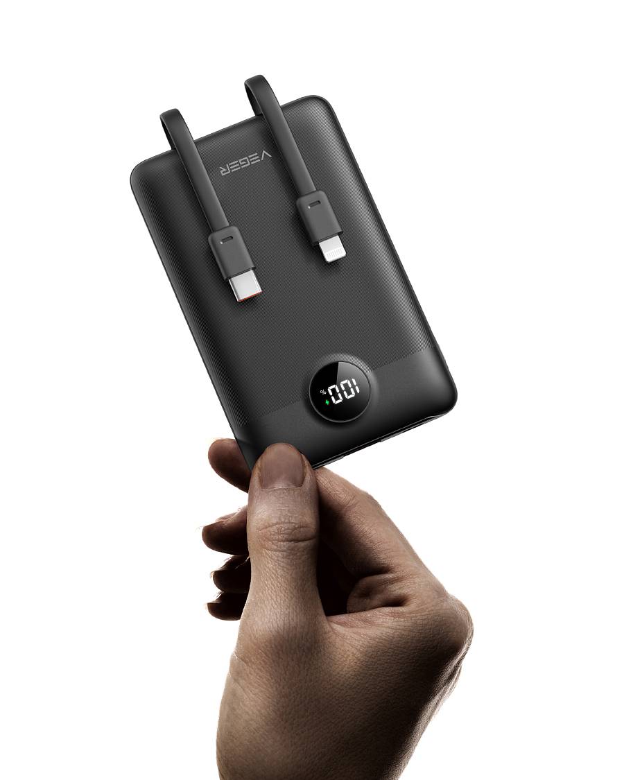 Veger C11 - 10,000mAh 22.5W PD Digital Display Light Weight Powerbank With Built In Non-MFI Lightning & USB-C Cable