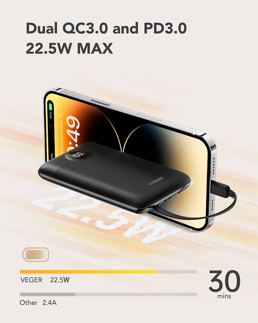 Veger C11 - 10,000mAh 22.5W PD Digital Display Light Weight Powerbank With Built In Non-MFI Lightning & USB-C Cable
