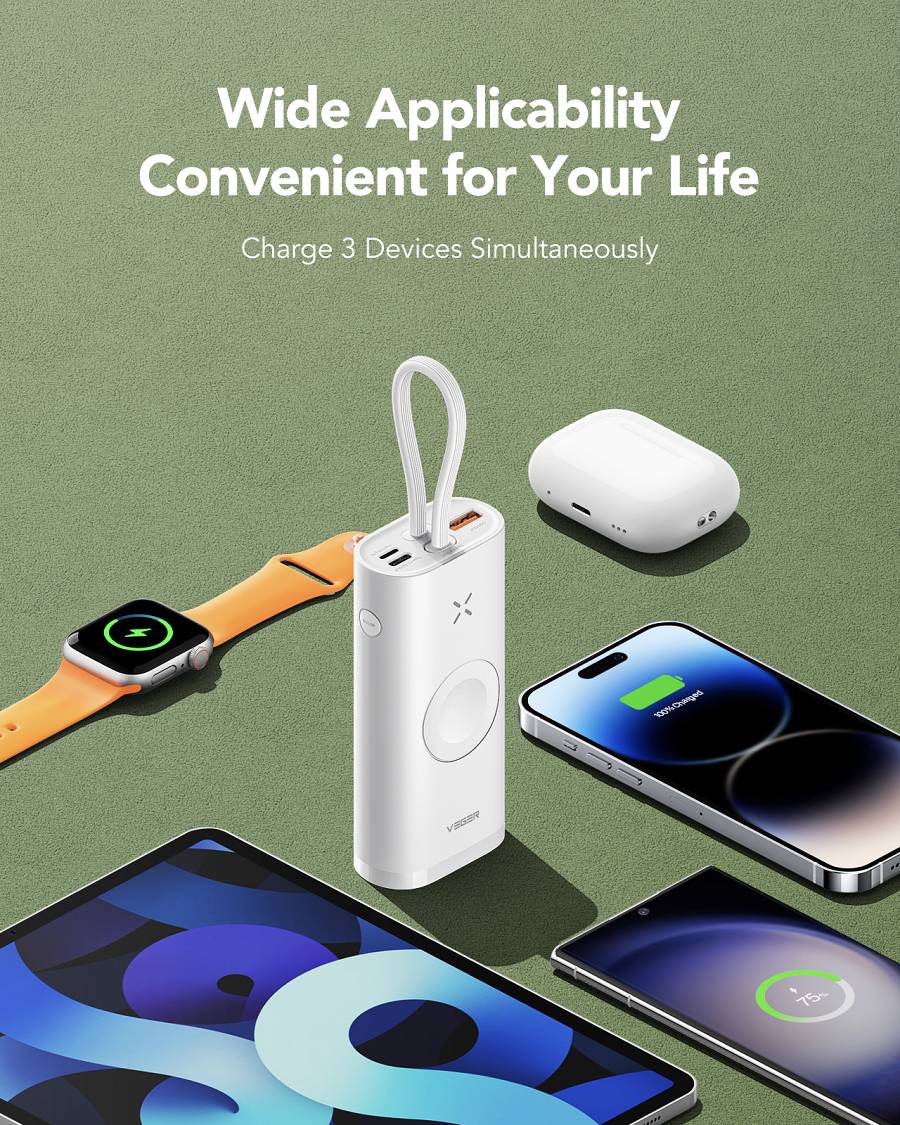 VEGER W1162S MagFan portable battery - 10000 mAh, built-in cable and for charging Apple Watch and all QI devices, white