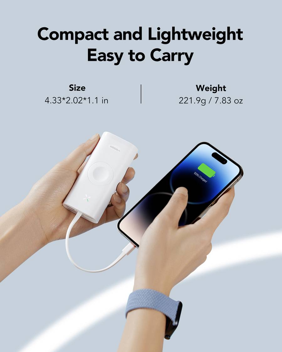 VEGER W1162S MagFan portable battery - 10000 mAh, built-in cable and for charging Apple Watch and all QI devices, white