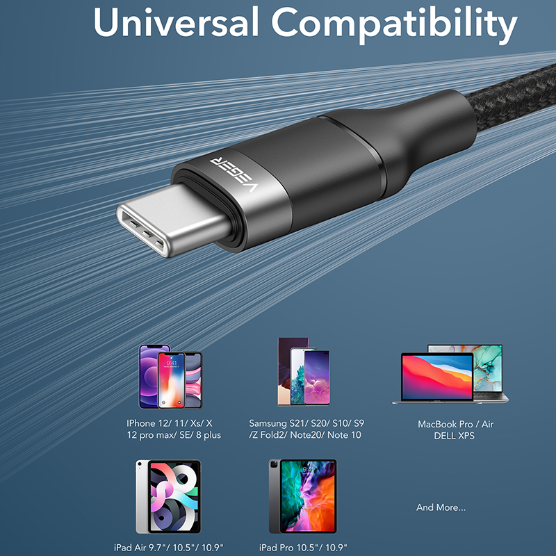 Veger CC02 - Braided USB 2.0 100W Cable USB-C male - USB-C male Μαύρο 1.5m