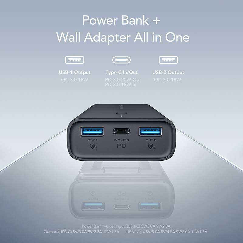 Veger ACE100 Power Bank 10000mAh 20W με 2 Θύρες USB-A και Θύρα USB-C Power Delivery / Quick Charge 3.0 Μαύρο