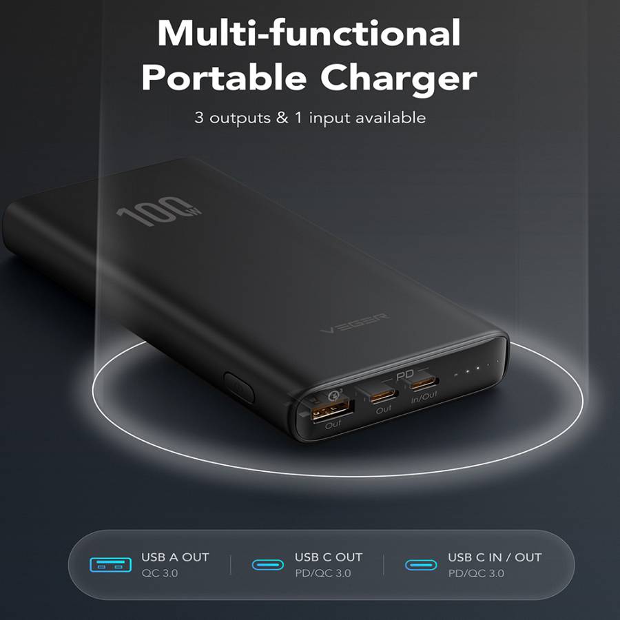 Veger T100 Power Bank 20000mAh 100W με Θύρα USB-A και 2 Θύρες USB-C Power Delivery Μαύρο