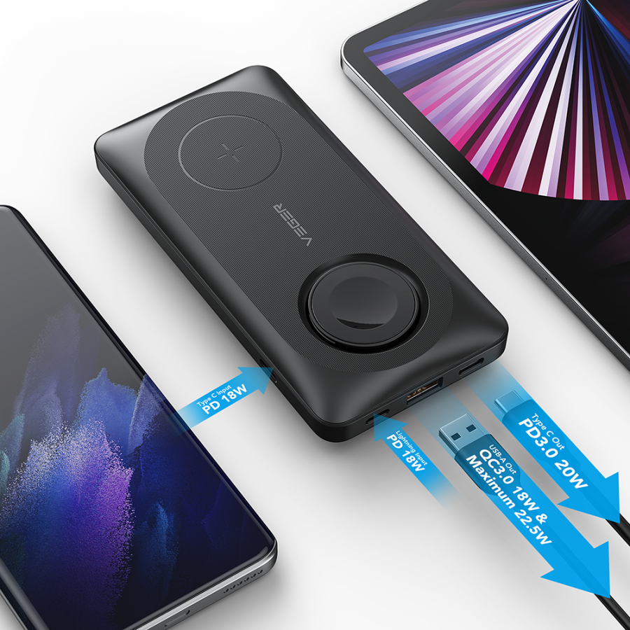 Veger W1156 MagMulti Wireless MagSafe Power Bank 10000mAh 15W with USB-A Port and USB-C Port Black