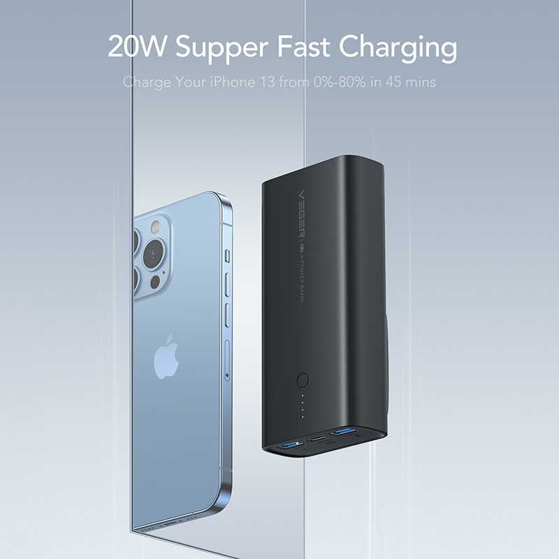 Veger ACE100 Power Bank 10000mAh 20W με 2 Θύρες USB-A και Θύρα USB-C Power Delivery / Quick Charge 3.0 Μαύρο