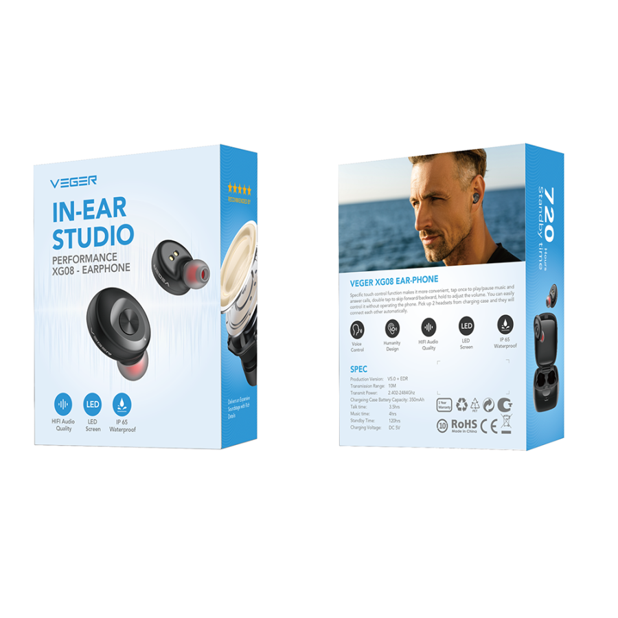 Veger XG08 In-ear Bluetooth Handsfree Earphones with Charging Case Black