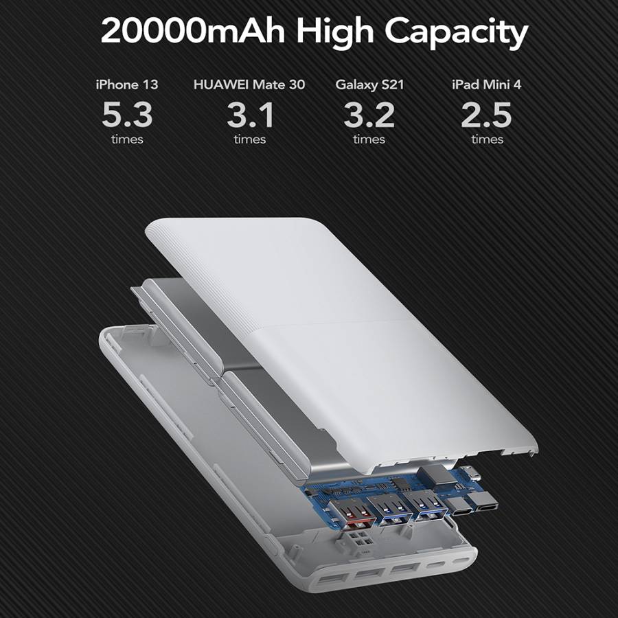 Veger S22 Power Bank 20000mAh 20W με 3 Θύρες USB-A και Θύρα USB-C Power Delivery / Quick Charge 3.0 Λευκό