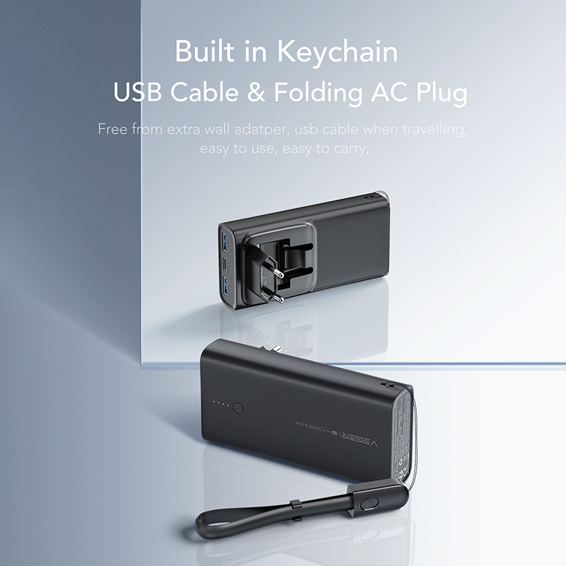 Veger ACE100 Power Bank 10000mAh 20W με 2 Θύρες USB-A και Θύρα USB-C Power Delivery / Quick Charge 3.0 Μαύρο