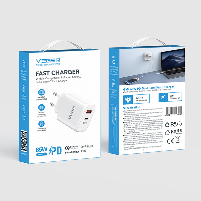 Veger TC650 - Φορτιστής Χωρίς Καλώδιο με Θύρα USB-A και Θύρα USB-C 65W Power Delivery / Quick Charge 3.0 Λευκός