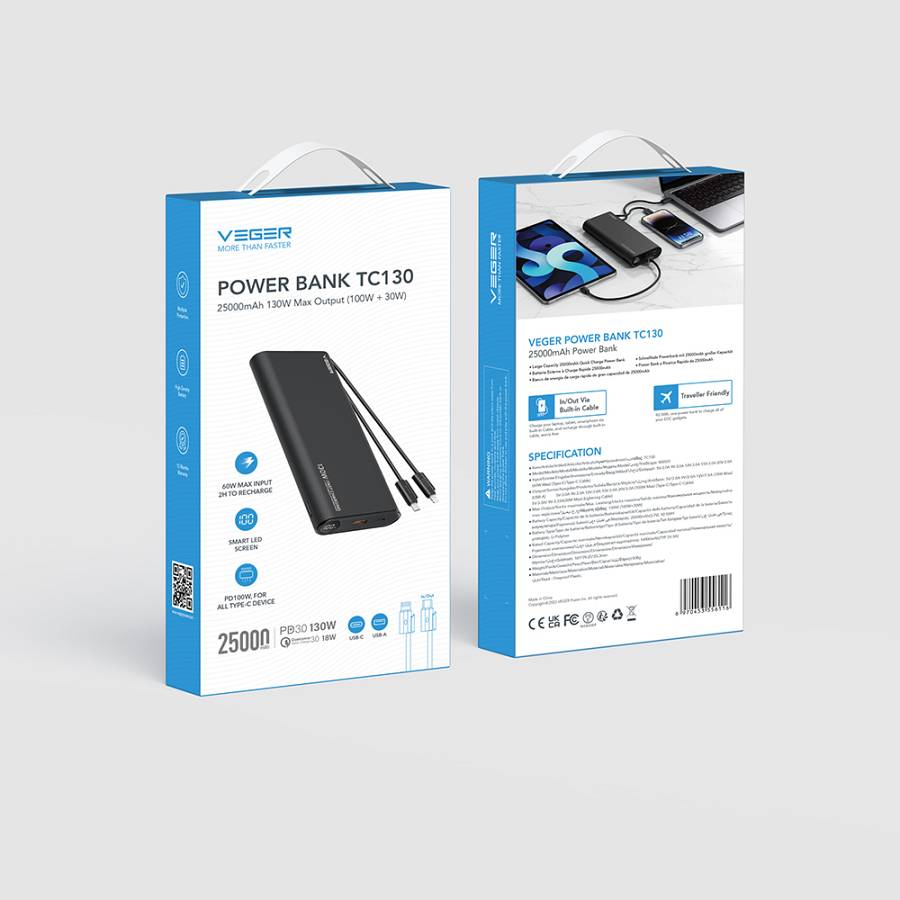 Veger TC130 Power Bank 25000mAh 130W με Θύρα USB-A και Θύρα USB-C Power Delivery Μαύρο