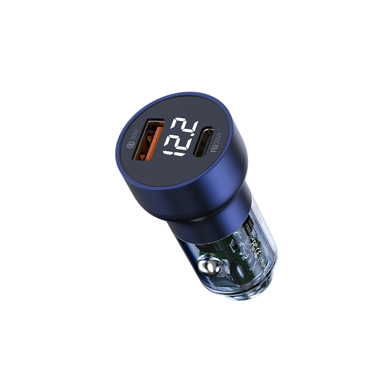 RECCI RCC-N20 50W PD3.0+QC3.0 Transparent Car Charger With Dig. Display - Blue