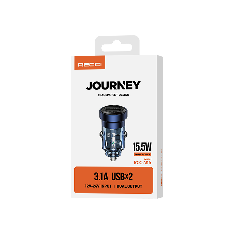 RECCI RCC-N16 15.5W DUAL PORTS TRANSPARENT CAR CHARGER - BLUE