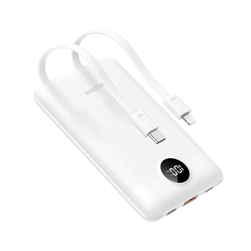 Veger C11C - 10,000mAh 22.5W PD Digital Display Light Weight Powerbank With Built In Non-MFI Lightning & USB-C Cable Λευκό