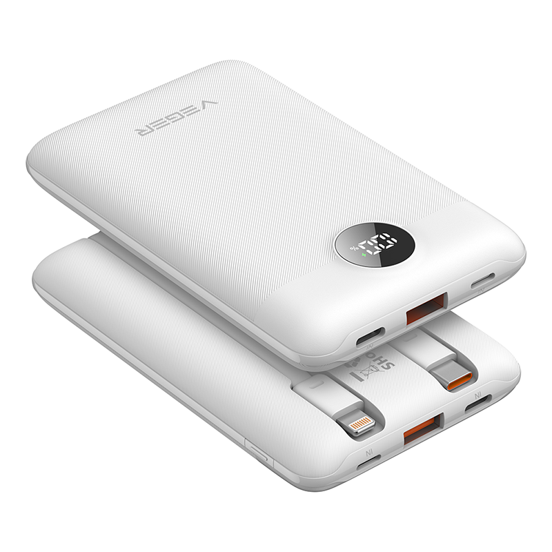 Veger C11C - 10,000mAh 22.5W PD Digital Display Light Weight Powerbank With Built In Non-MFI Lightning & USB-C Cable Λευκό