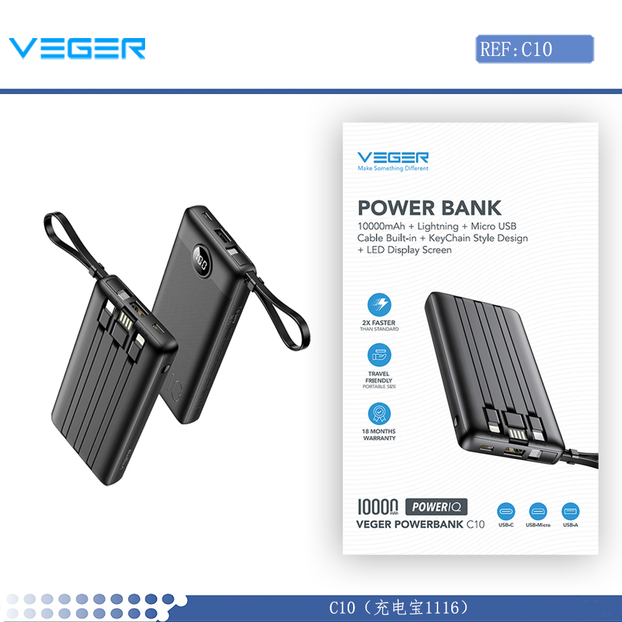 Veger C10 Power Bank 10000mAh με Θύρα USB-A Μαύρο