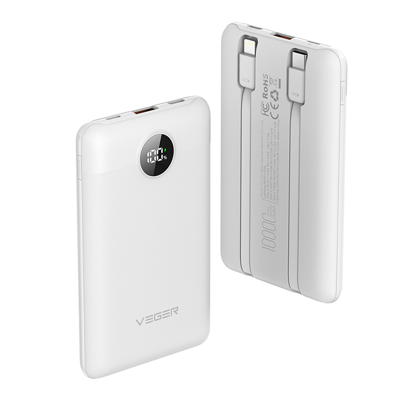 Veger C11C - 10,000mAh 22.5W PD Digital Display Light Weight Powerbank With Built In Non-MFI Lightning & USB-C Cable Λευκό