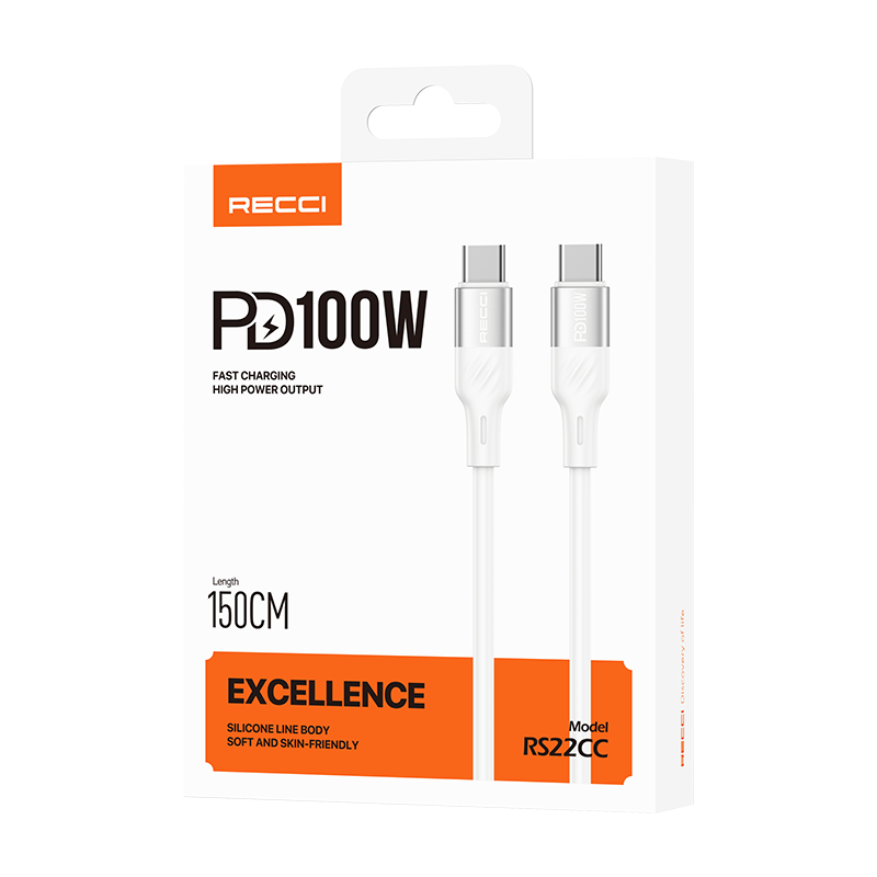 RECCI RS22CC - PD100W Fast Charging Silicone Data Cable C To C Hight Power Output 1.5M - White