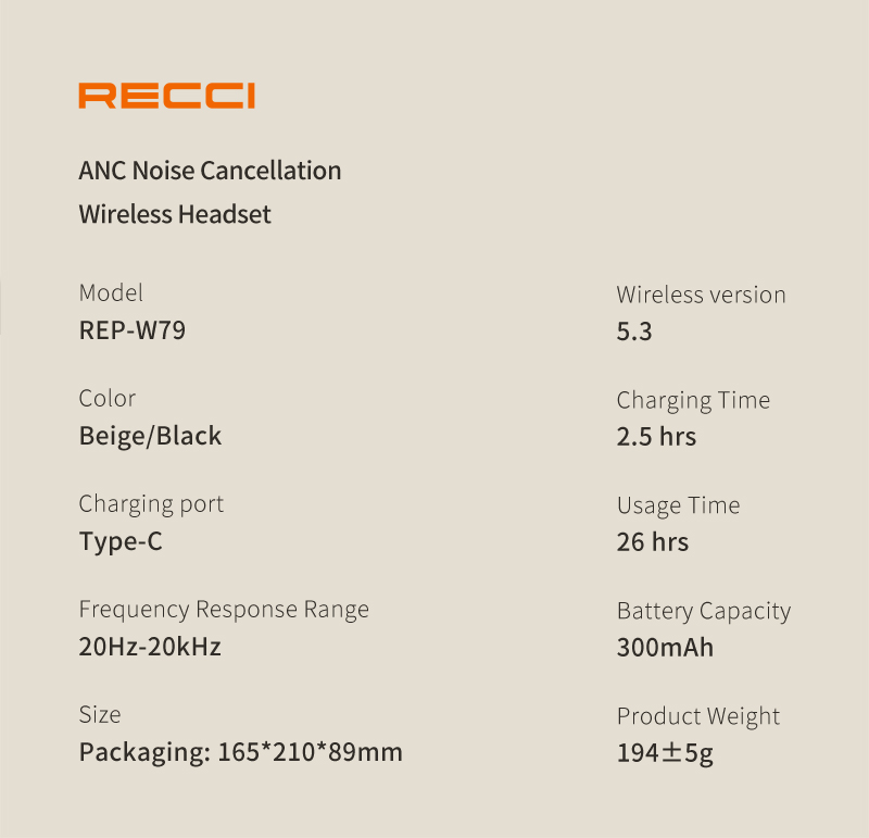 RECCI REP-W79 - ANC Noise Cancellation Wireless Headset - Black