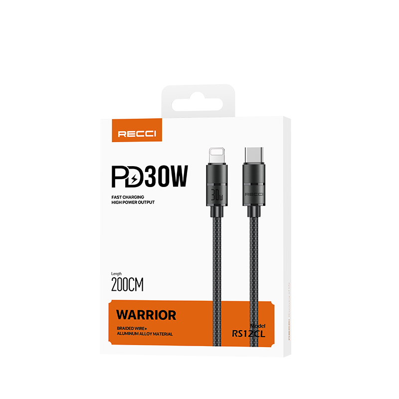 RECCI RS12CL - WARRIOR PD20W Type-C To Lightning Cable Braided Wire + Aluminum Alloy 2M - Black