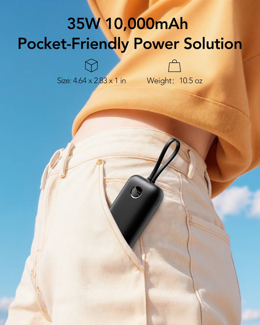 Veger K1 - 10,000mAh 35W PD Digital Display Powerbank With Built In Non-MFI Lightning & USB-C Cable