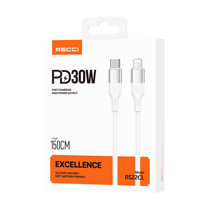 RECCI RS22CL - PD30W Fast Charging Excellence Silicone C To Lightning  Data Cable 1.5M - White