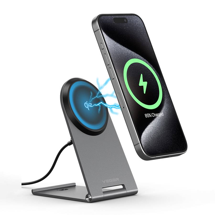 Veger Q7 - Aluminum QI2 standard 15W magnetic wireless charger, foldable ultra-thin design, black