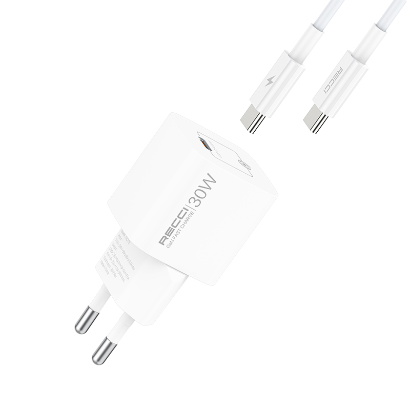 RECCI RC77ECC - 30WGaN Fast Charging USB-C Output Port + C TO C CABLE 100CM |QC3.0 - White