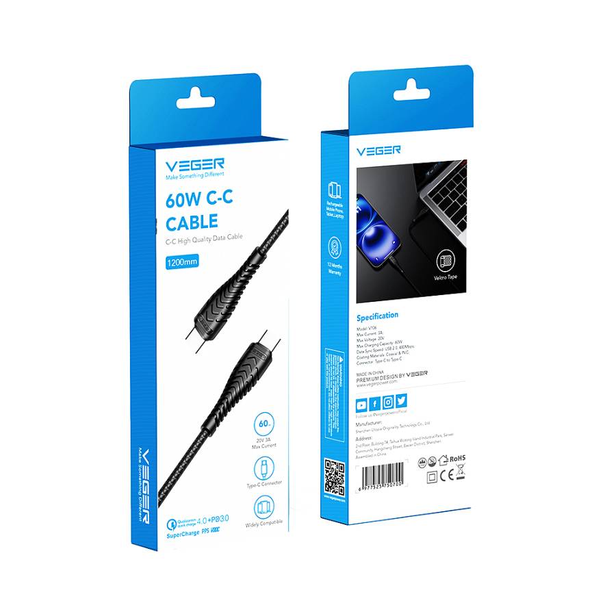 VEGER V106 60W Type-C to Type-C Charging & Data Sync with Quick Charge 1.2M - Black