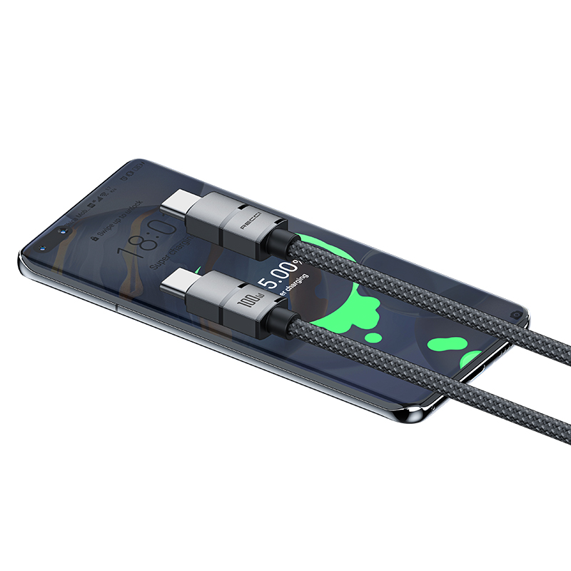 RECCI RS12C - PD100W Fast Charging USB-A To C Braided Wire + Aluminum Speed Data Cable 2M - Black