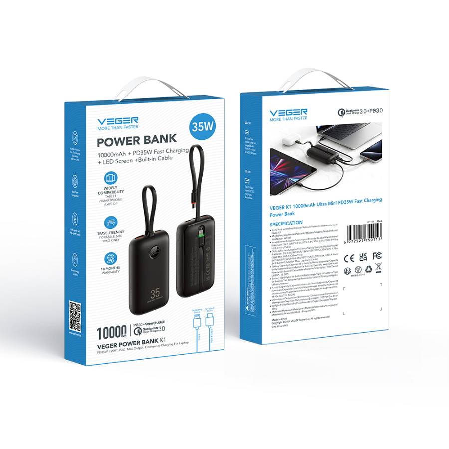 Veger K1 - 10,000mAh 35W PD Digital Display Powerbank With Built In Non-MFI Lightning & USB-C Cable