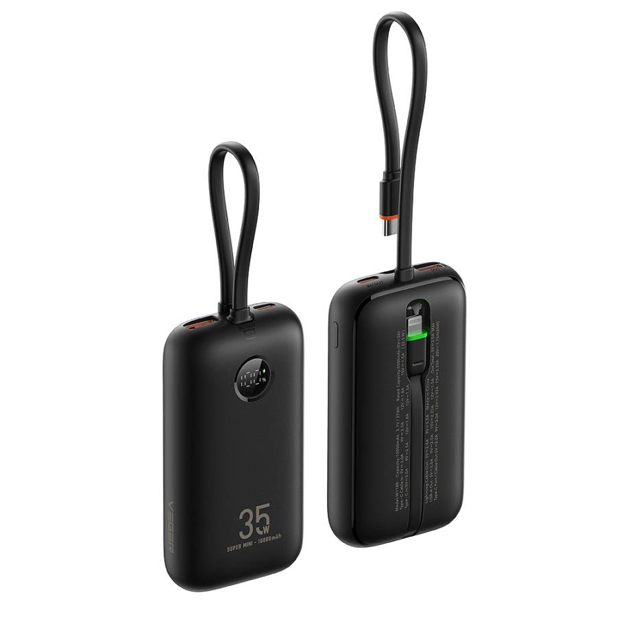 Veger K1 - 10,000mAh 35W PD Digital Display Powerbank With Built In Non-MFI Lightning & USB-C Cable