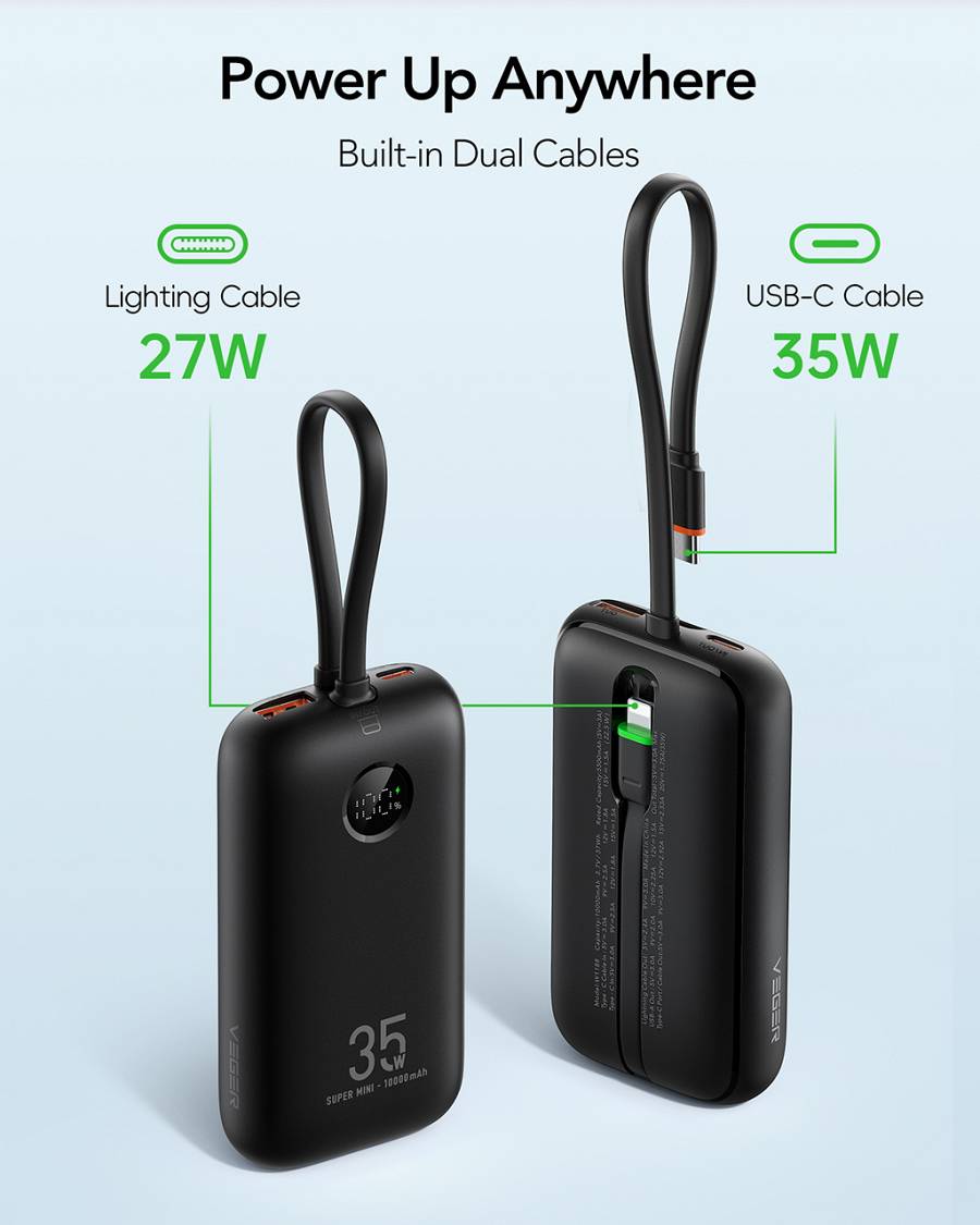 Veger K1 - 10,000mAh 35W PD Digital Display Powerbank With Built In Non-MFI Lightning & USB-C Cable
