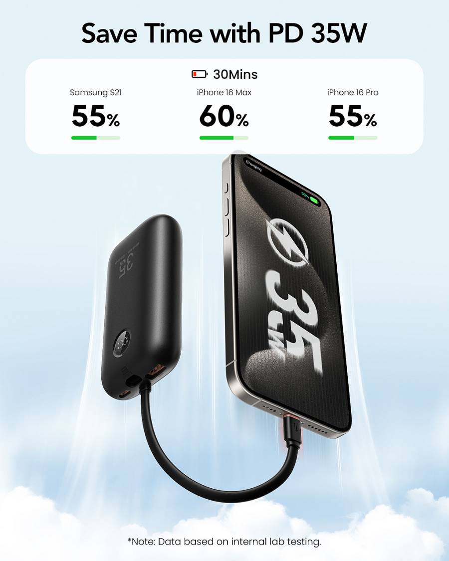 Veger K1 - 10,000mAh 35W PD Digital Display Powerbank With Built In Non-MFI Lightning & USB-C Cable